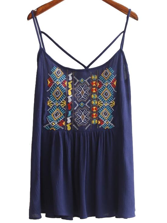 Romwe Navy Spaghetti Strap Embroidery Criss Cross Top
