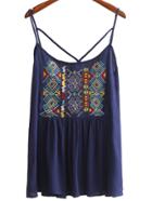 Romwe Navy Spaghetti Strap Embroidery Criss Cross Top