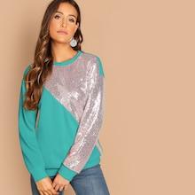 Romwe Drop Shoulder Colorblock Contrast Sequin Pullover