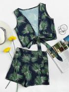 Romwe Plunging V Neckline Knot Leaf Print Top With Shorts