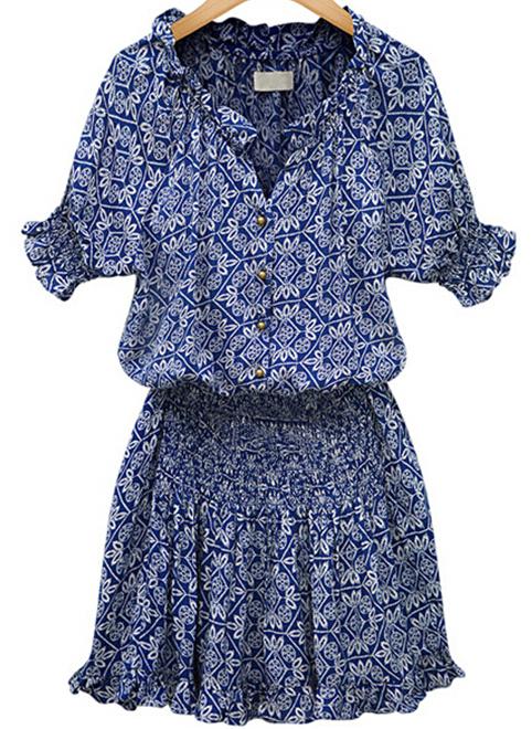 Romwe V Neck Geometric Print Pleated Dress