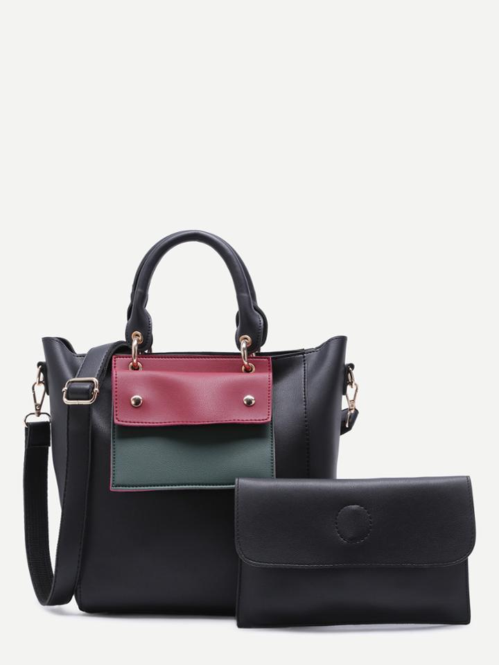 Romwe Black Faux Leather Front Pocket Shoulder Bag Set