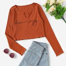 Romwe V-cut Letter Embroidered Ribbed Tee