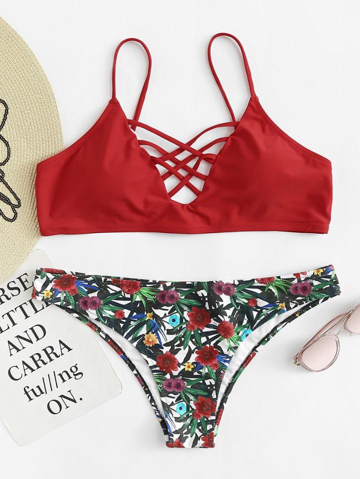 Romwe Crisscross Front Mix & Match Bikini Set