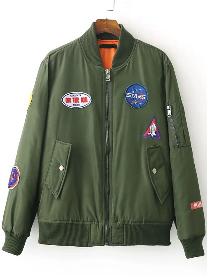 Romwe Army Green Patch Embroidery Ribbed Trim Jacket