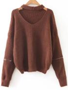 Romwe Coffee Choker V Neck Zipper Sleeve Sweater