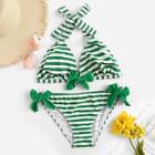 Romwe Striped Ruched Bow Decorated Top With Tie Side Bikini