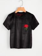 Romwe Velvet Embroidered Applique T-shirt