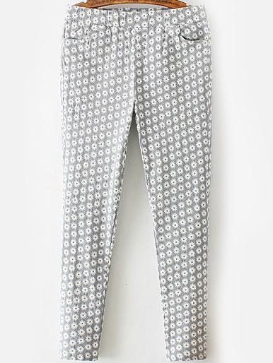 Romwe Elastic Waist Sunflower Print White Pant