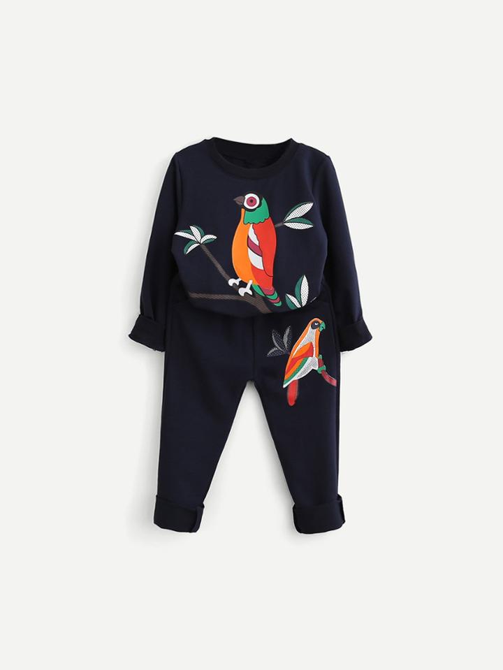 Romwe Bird Print Pullover With Pants