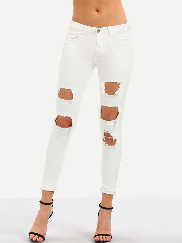 Romwe Distressed White Skinny Jeans