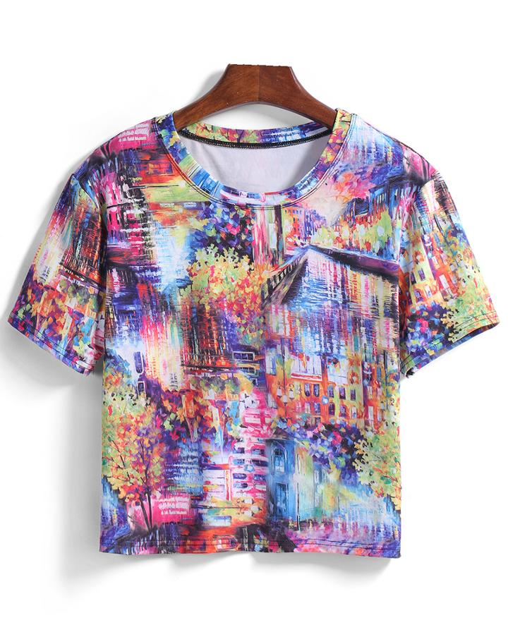 Romwe Round Neck Tree Leaf Print Loose T-shirt