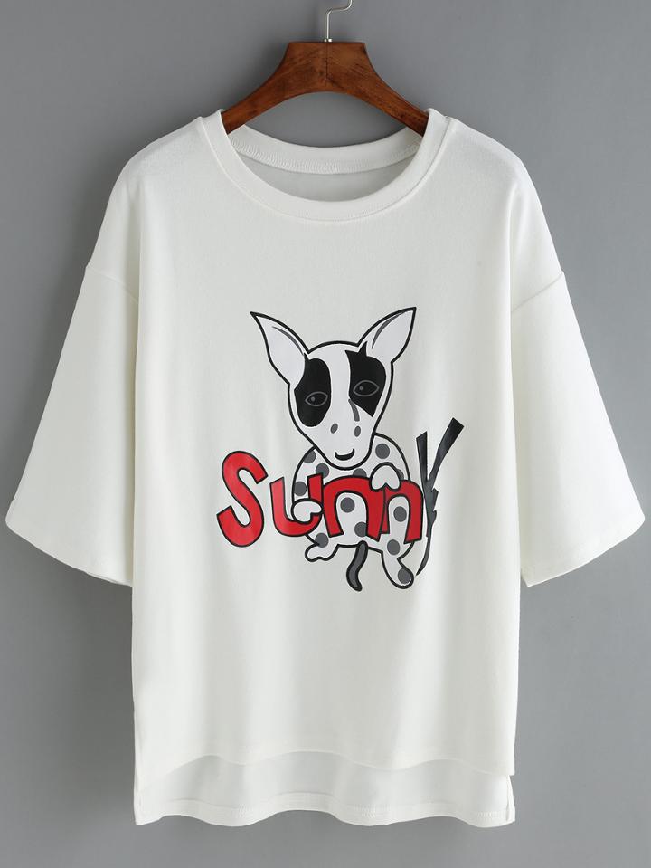 Romwe Dropped Shoulder Seam Dog Print Dip Hem T-shirt