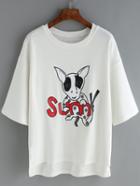 Romwe Dropped Shoulder Seam Dog Print Dip Hem T-shirt