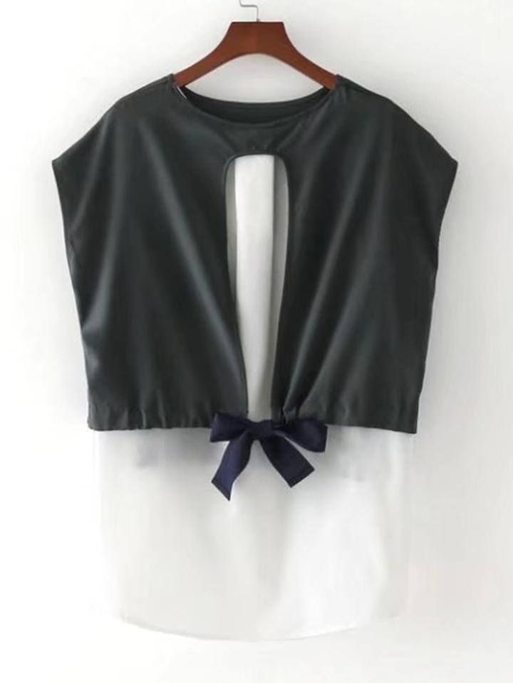Romwe Color Block High Low Top With Bow Back