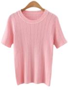 Romwe Pink Round Neck Vertical Stripe Knitted T-shirt