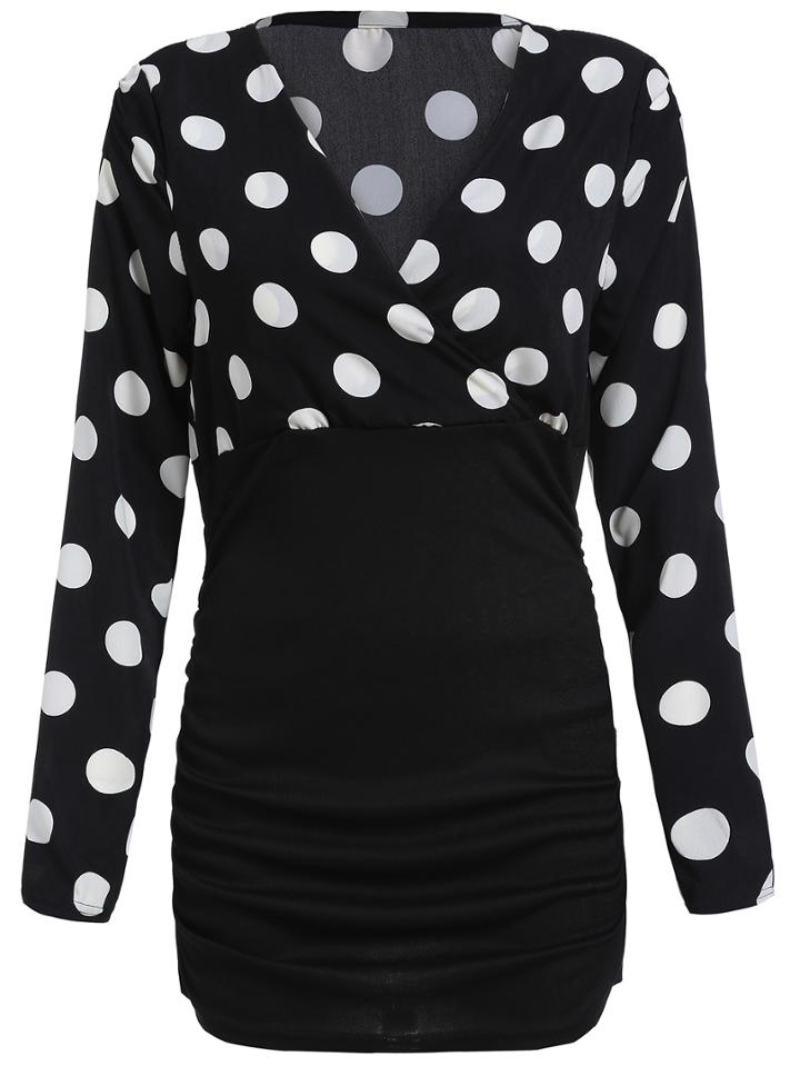 Romwe V Neck Polka Dot Ruched Bodycon Dress