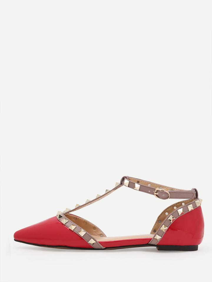 Romwe Red Faux Patent Studded T-strap Flats