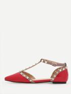 Romwe Red Faux Patent Studded T-strap Flats