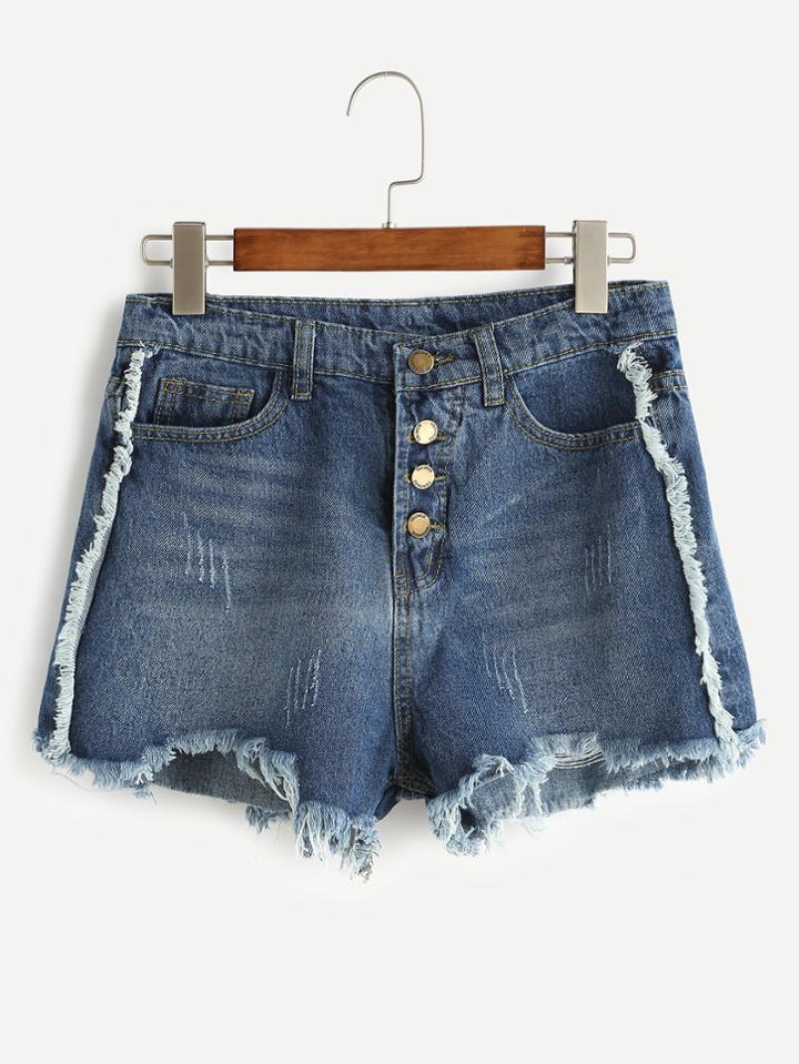 Romwe Asymmetric Frayed Cuffs Single Breasted Shorts