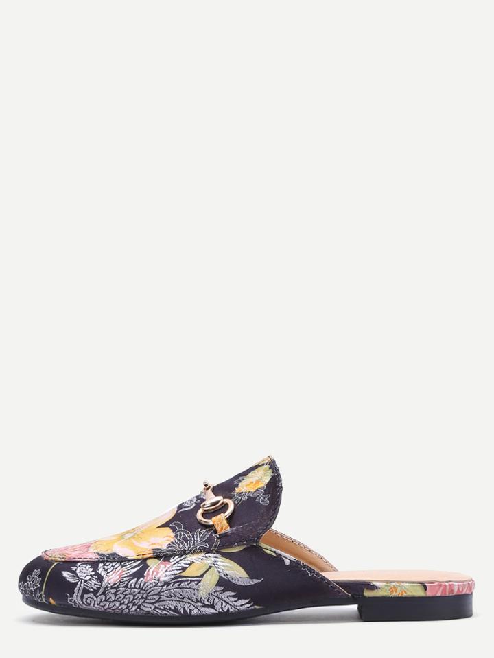 Romwe Black Floral Embroidered Satin Loafer Slippers