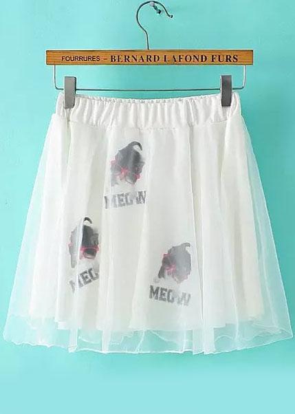 Romwe Elastic Waist Cat Sunglass Print Pleated Skirt