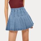 Romwe Pleated Flippy Hem Denim Skirt