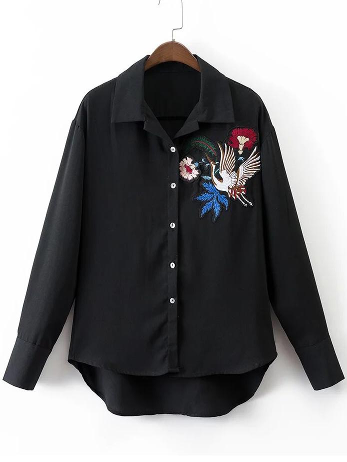Romwe Black Crane Embroidery Dip Hem Blouse