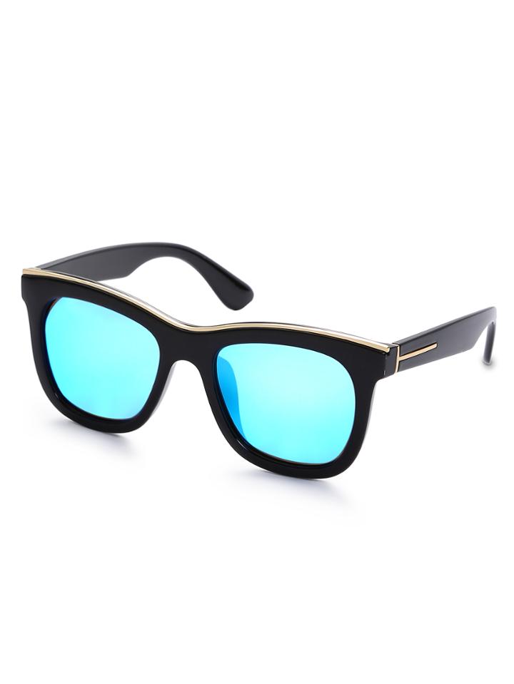 Romwe Black Metal Bar Frame Blue Lens Sunglasses