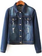 Romwe Lapel Ripped Bleached Single Breasted Denim Coat
