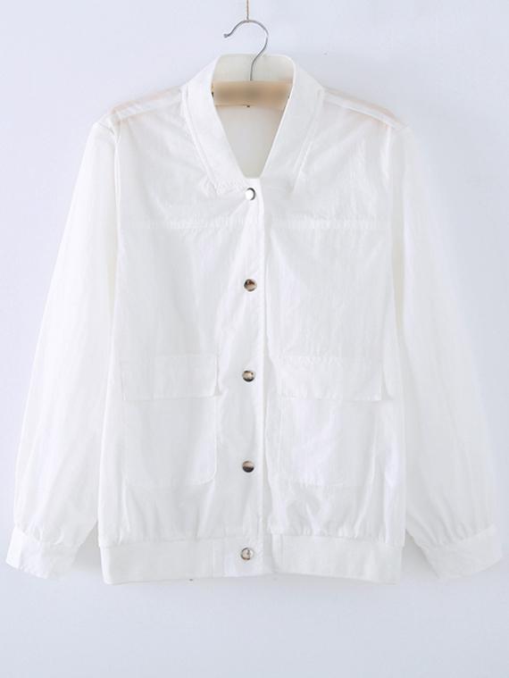 Romwe White Crew Neck Button Pocket Jacket