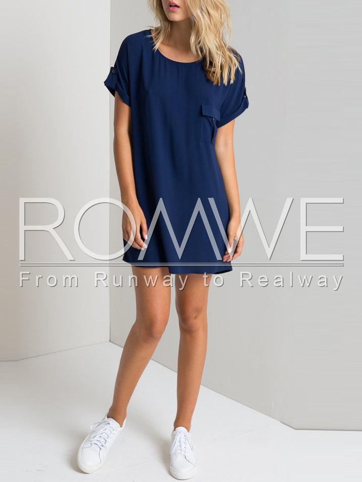 Romwe Royal Blue Pocket Zipper Back Shift Dress