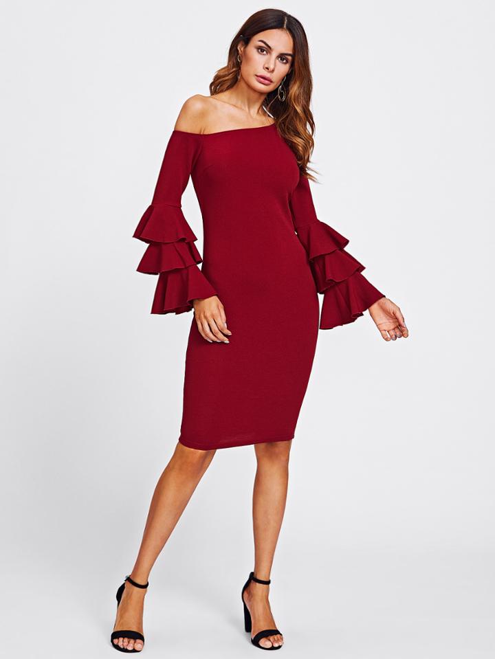 Romwe Layered Bell Sleeve Asymmetric Shoulder Dress