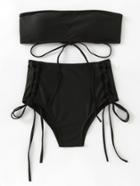 Romwe Lace Up High Waist Bandeau Bikini Set