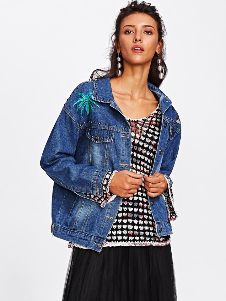 Romwe Studs Detail Embroidered Denim Jacket