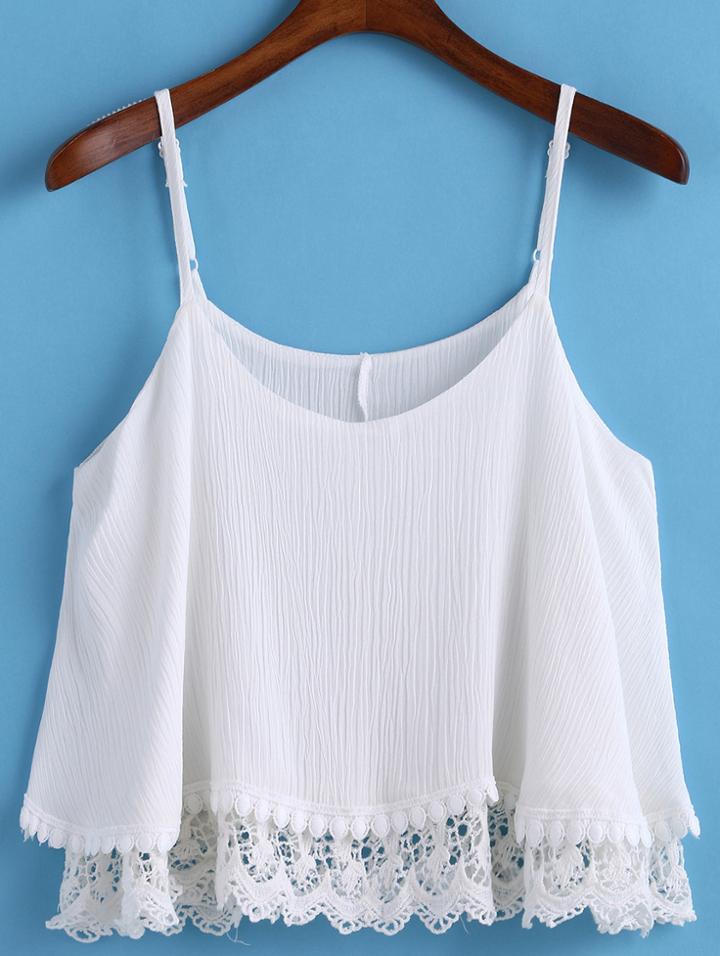 Romwe Spaghetti Strap Lace Hem White Cami Top