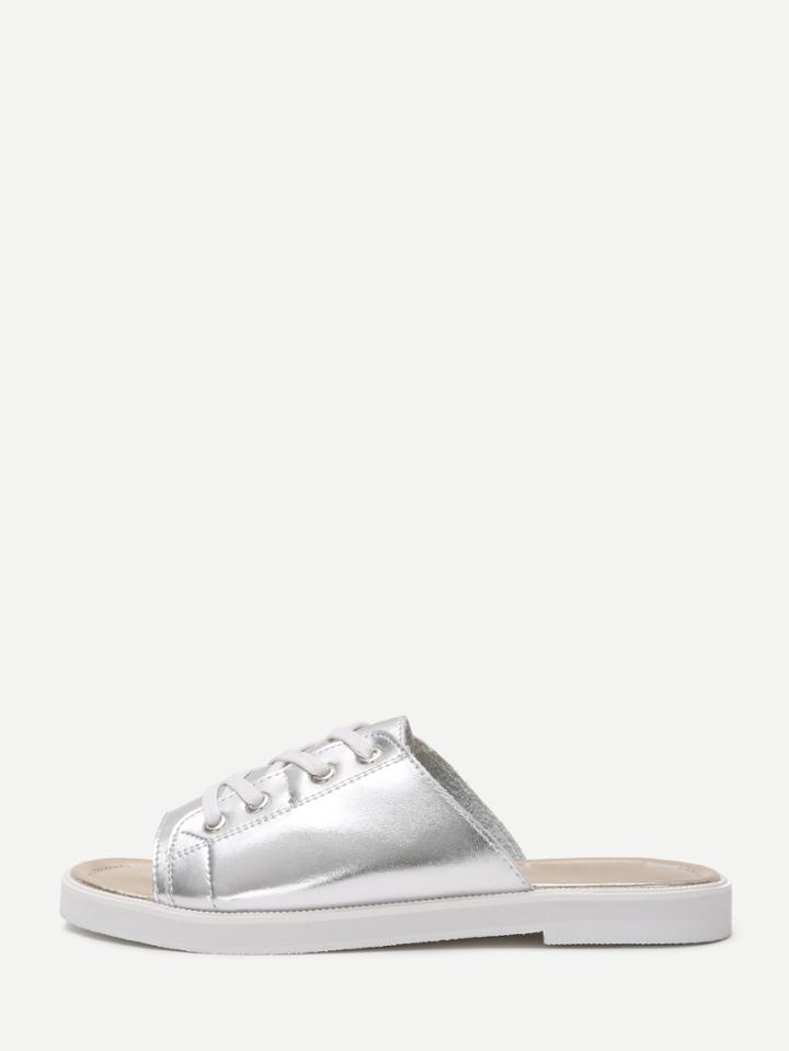 Romwe Silver Peep Toe Lace Up Casual Slippers