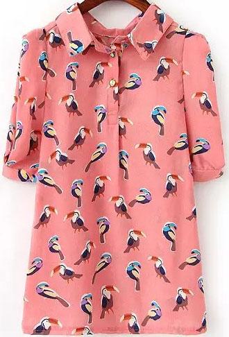 Romwe Short Sleeve Bird Print Red Blouse