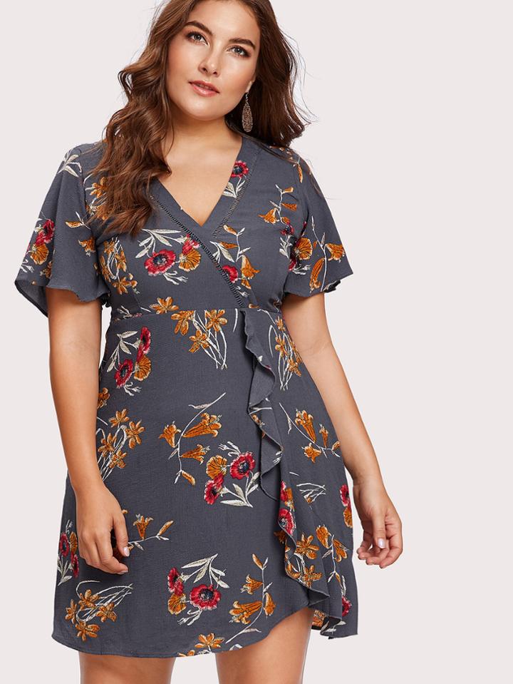 Romwe Ladder Lace Insert Ruffle Trim Overlap Dress