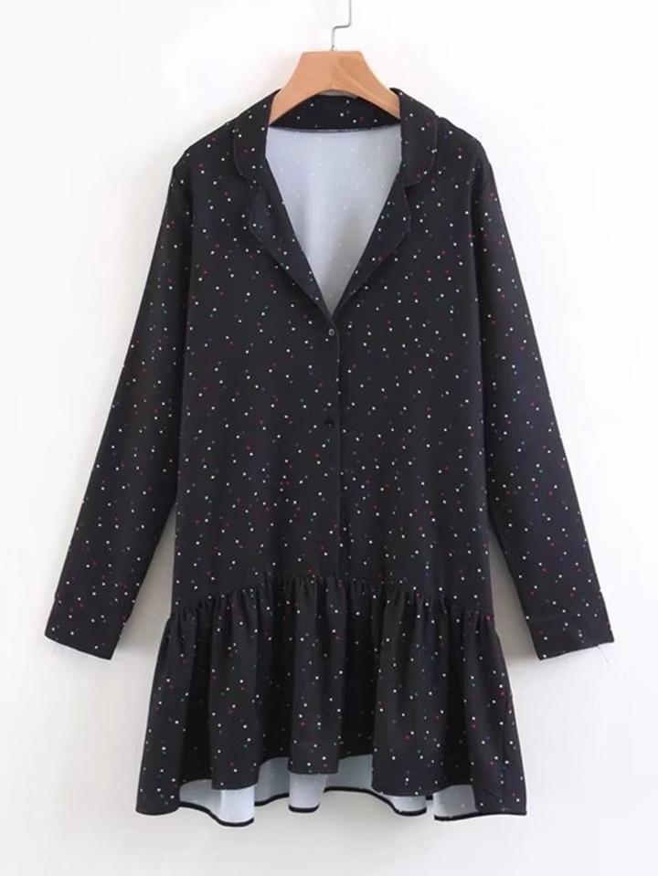 Romwe Dot Print Drop Waist Shirt Dress