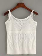 Romwe White Tie Shoulder Hollow Out Knitted Top