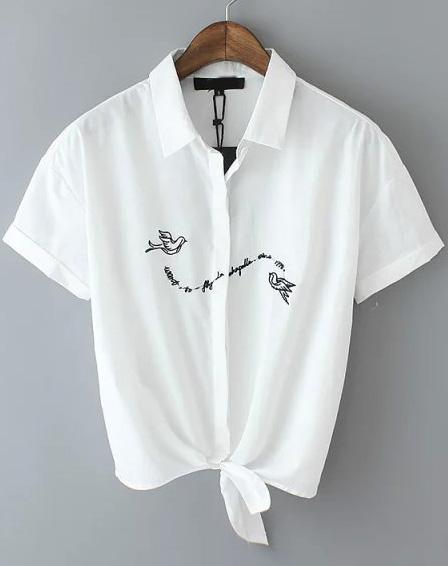 Romwe White Lapel Short Sleeve Embroidered Crop Blouse