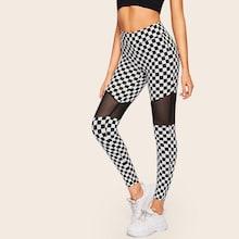Romwe Sheer Mesh Insert Checker Leggings