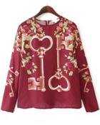Romwe Key Floral Print Loose Wine Red Blouse