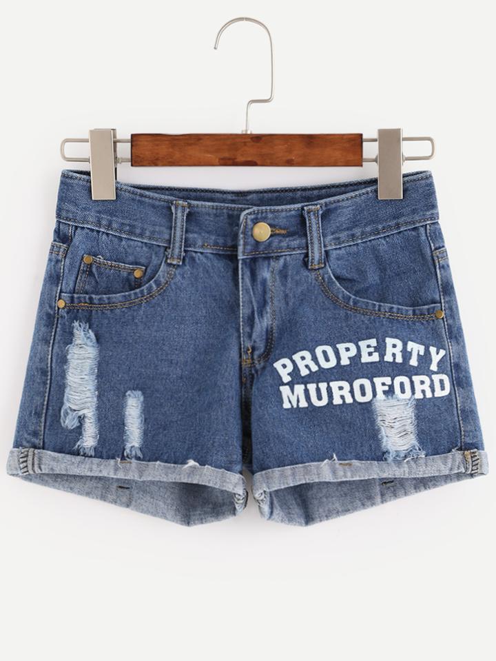 Romwe Blue Ripped Letters Print Cuffed Denim Shorts