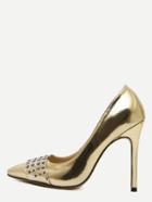 Romwe Gold Patent Leather Pointed Toe Studded Pumps