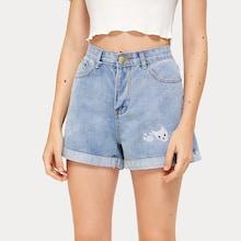 Romwe Roll Up Hem Cat Embroidery Denim Shorts