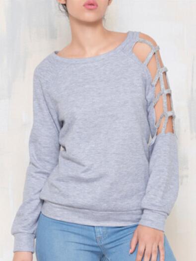 Romwe Round Neck Hollow Grey Sweatshirt
