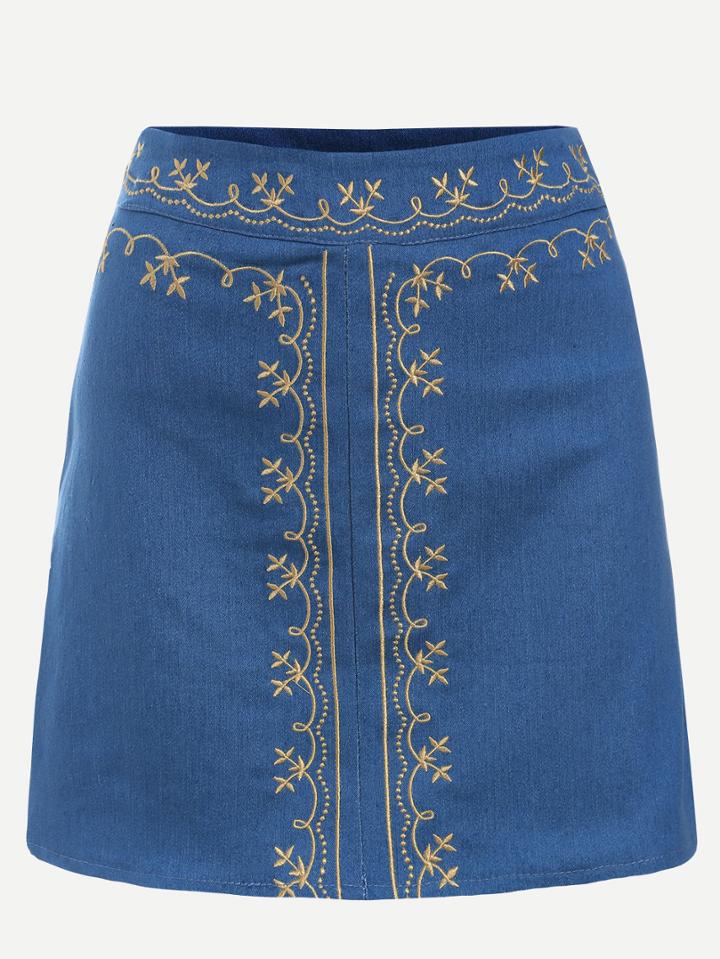 Romwe Embroidered Blue A Line Skirt