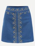 Romwe Embroidered Blue A Line Skirt